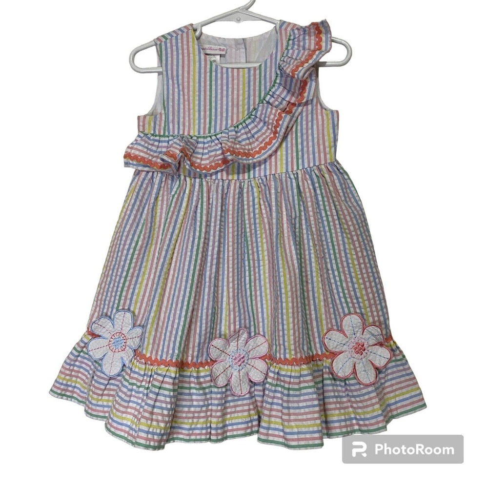Bonnie Jean Girls 3T Dress Striped Sear Sucker Pastel Ruffles Church Easter